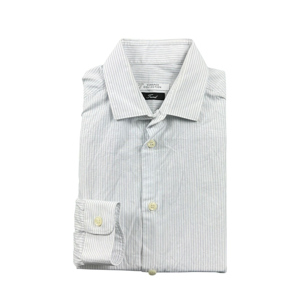 Versace Collection Trend Mens White Blue Striped Cotton Button Front Shirt 38